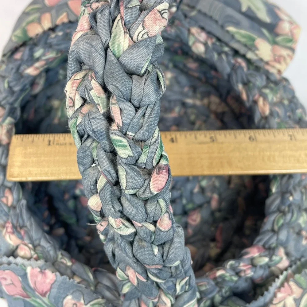 Vintage Rag Weave Basket Blue Mauve Floral Braided Fabric Round Cottagecore 10in